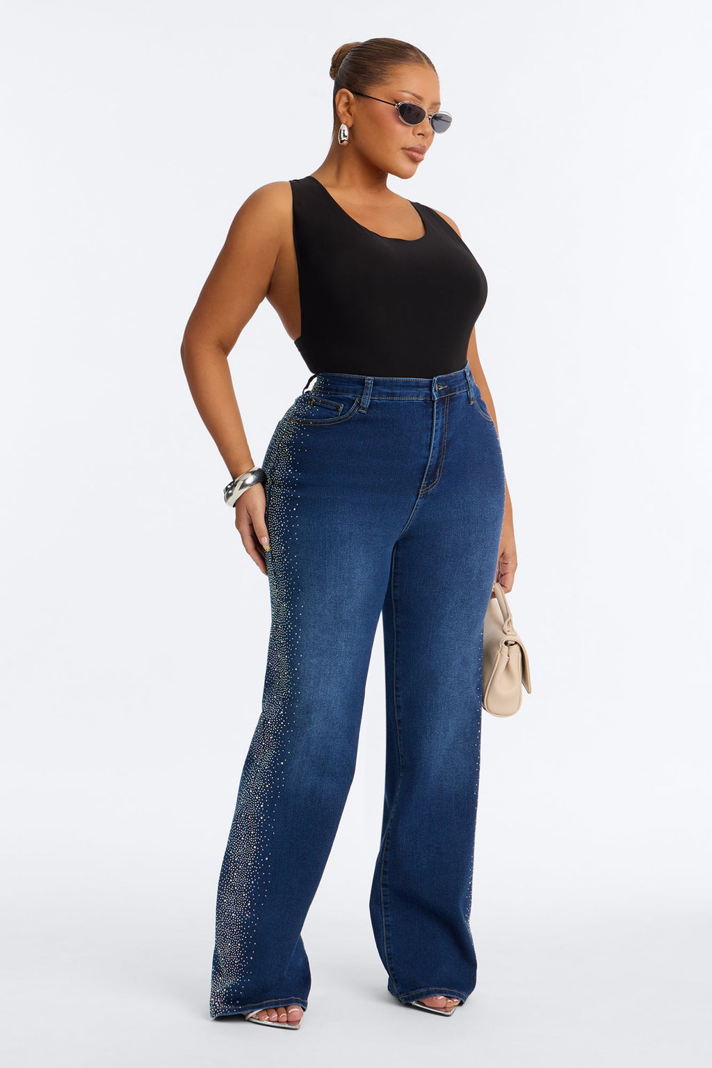 Nightlife Diva Embellished High RIse Stretch Flare Jeans - Dark Wash