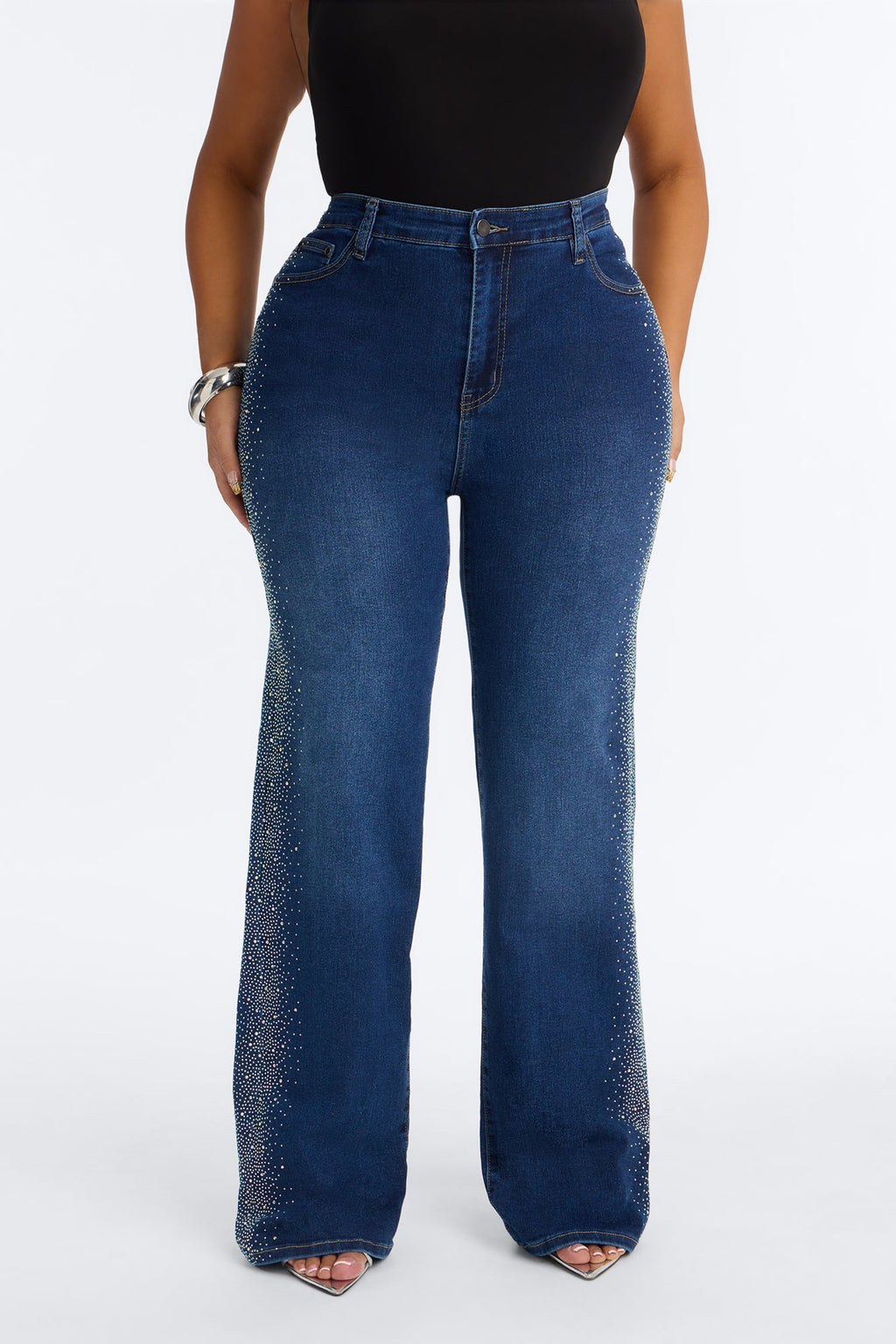 Nightlife Diva Embellished High RIse Stretch Flare Jeans - Dark Wash