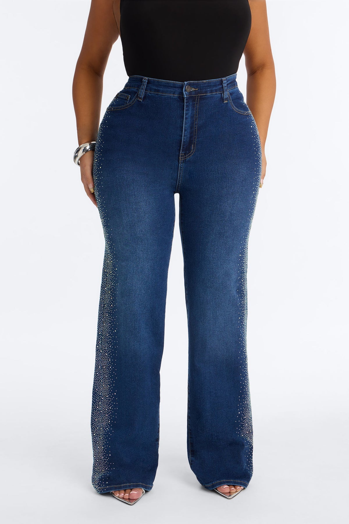 Nightlife Diva Embellished High RIse Stretch Flare Jeans - Dark Wash
