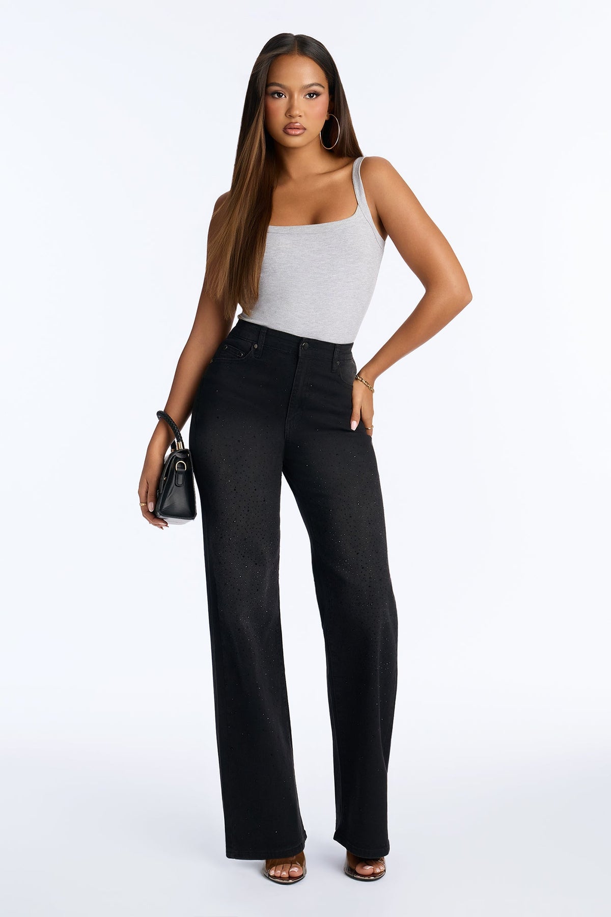 Best Dressed High Stretch Embellished Rhinestones Wide Leg Jeans - Black