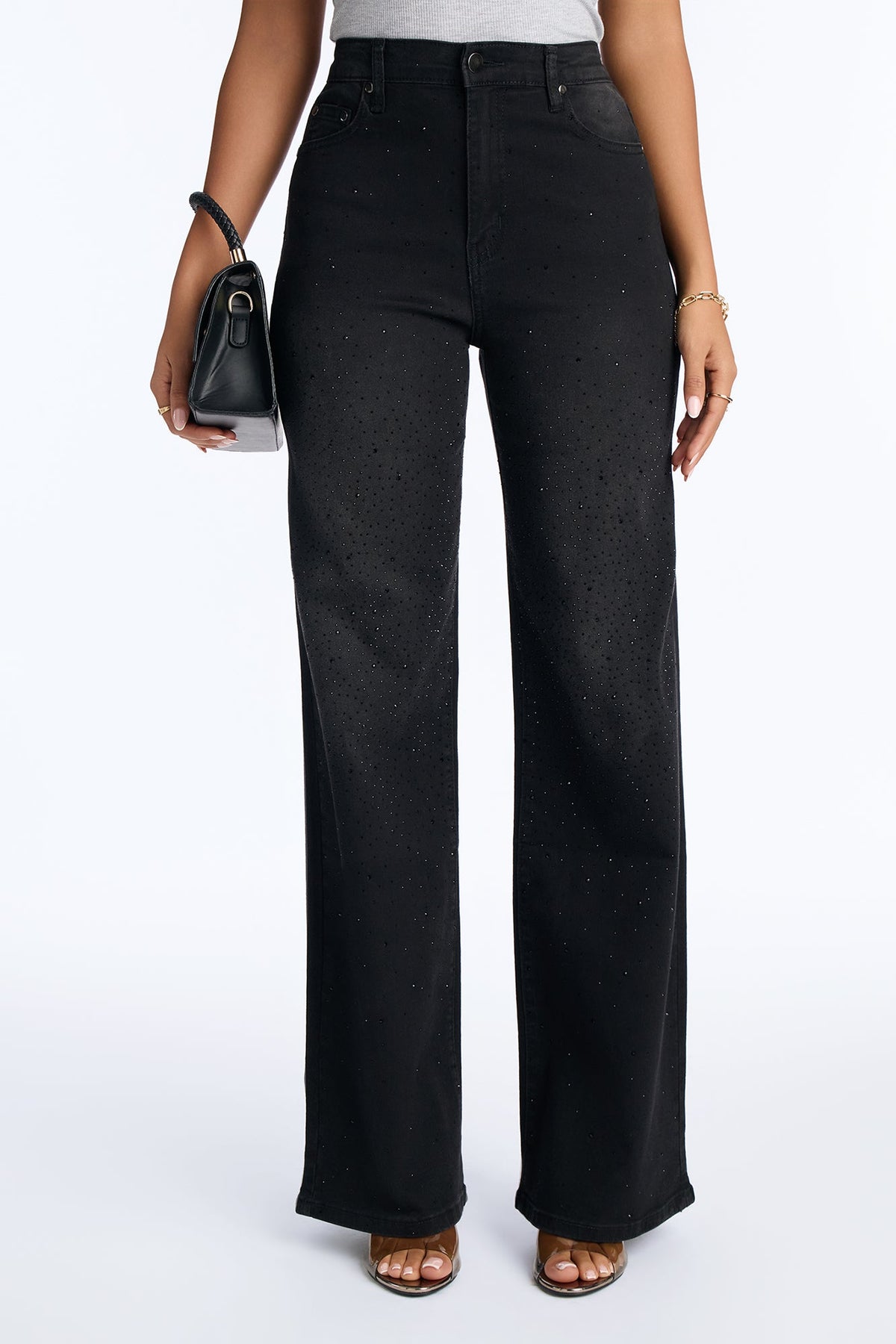 Best Dressed High Stretch Embellished Rhinestones Wide Leg Jeans - Black
