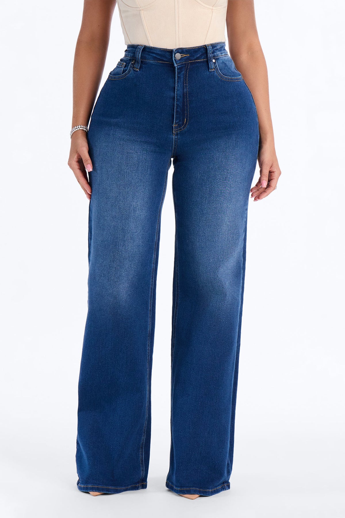 Make My Day Stretch Wide Leg Jeans - Dark Wash