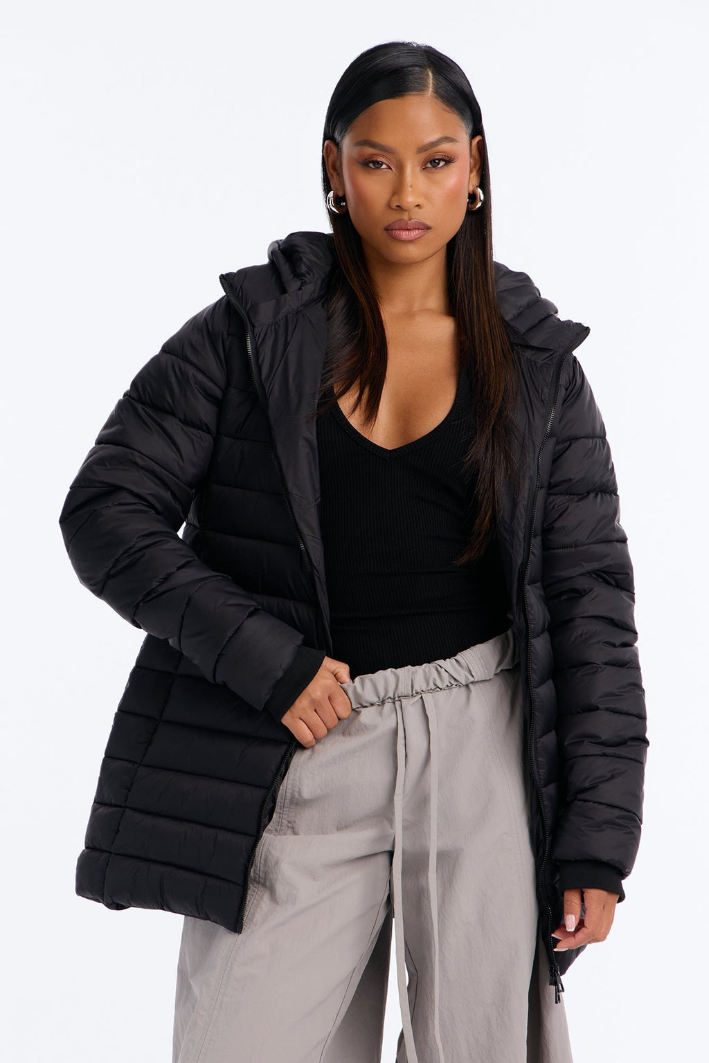 On The Move Hooded Fitted Puffer Coat - Black