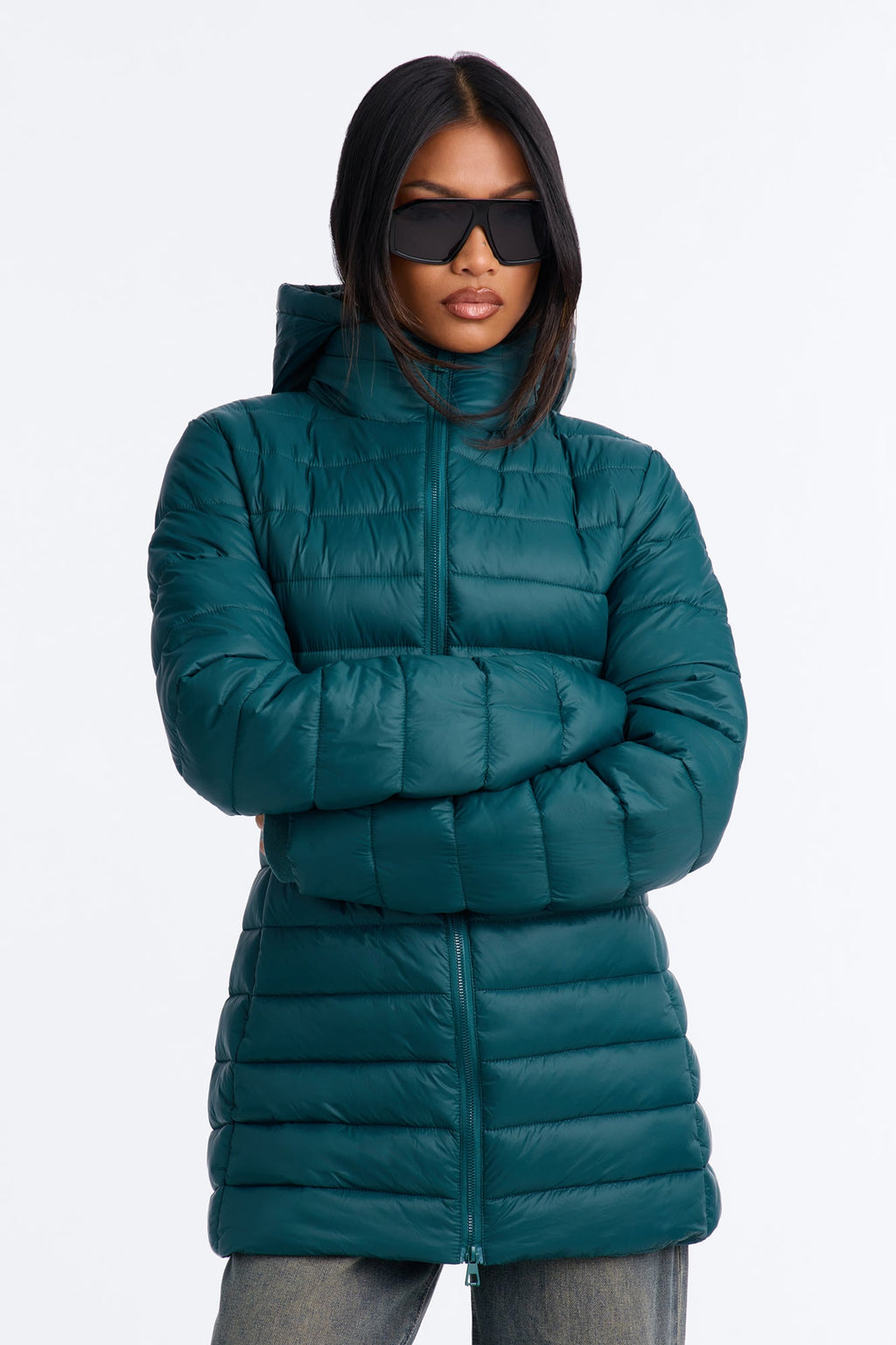 On The Move Hooded Fitted Puffer Coat - Hunter Green