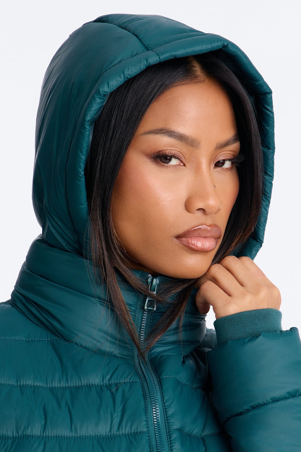 On The Move Hooded Fitted Puffer Coat - Hunter Green