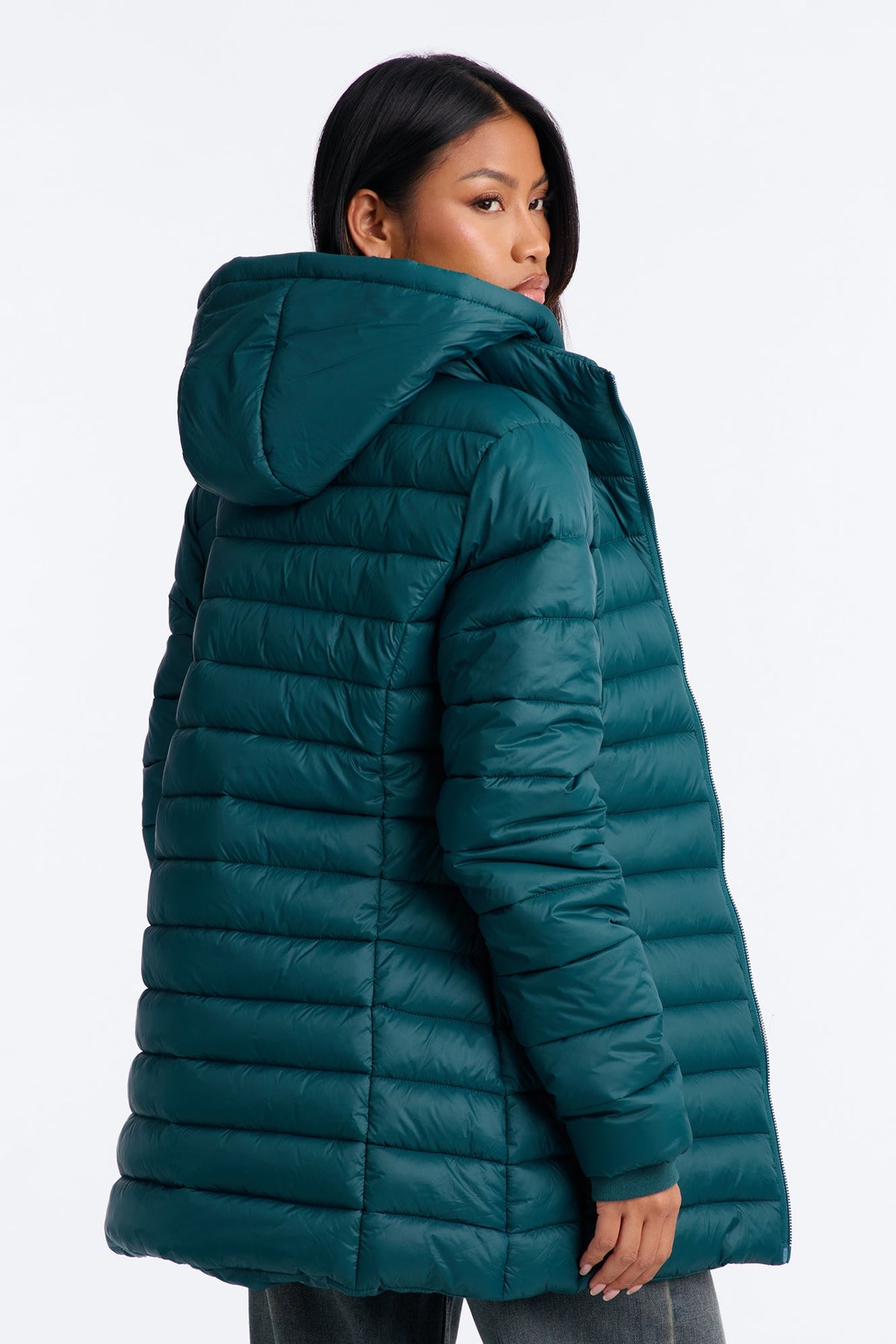On The Move Hooded Fitted Puffer Coat - Hunter Green