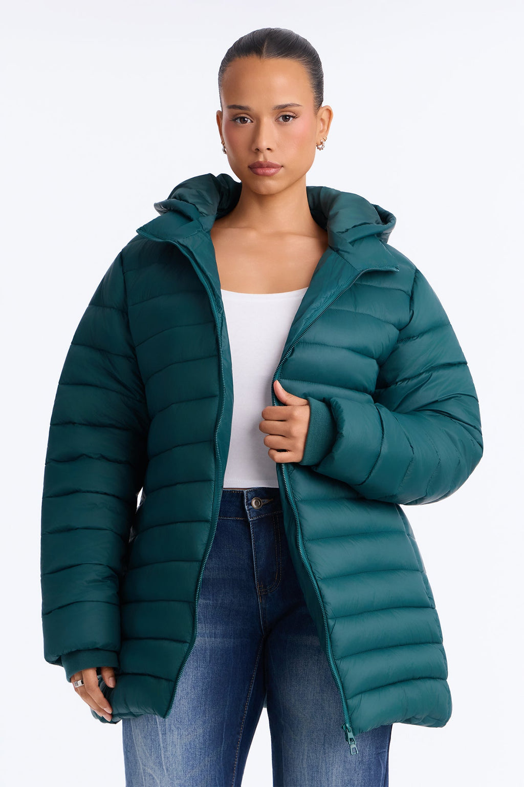 On The Move Hooded Fitted Puffer Coat - Hunter Green