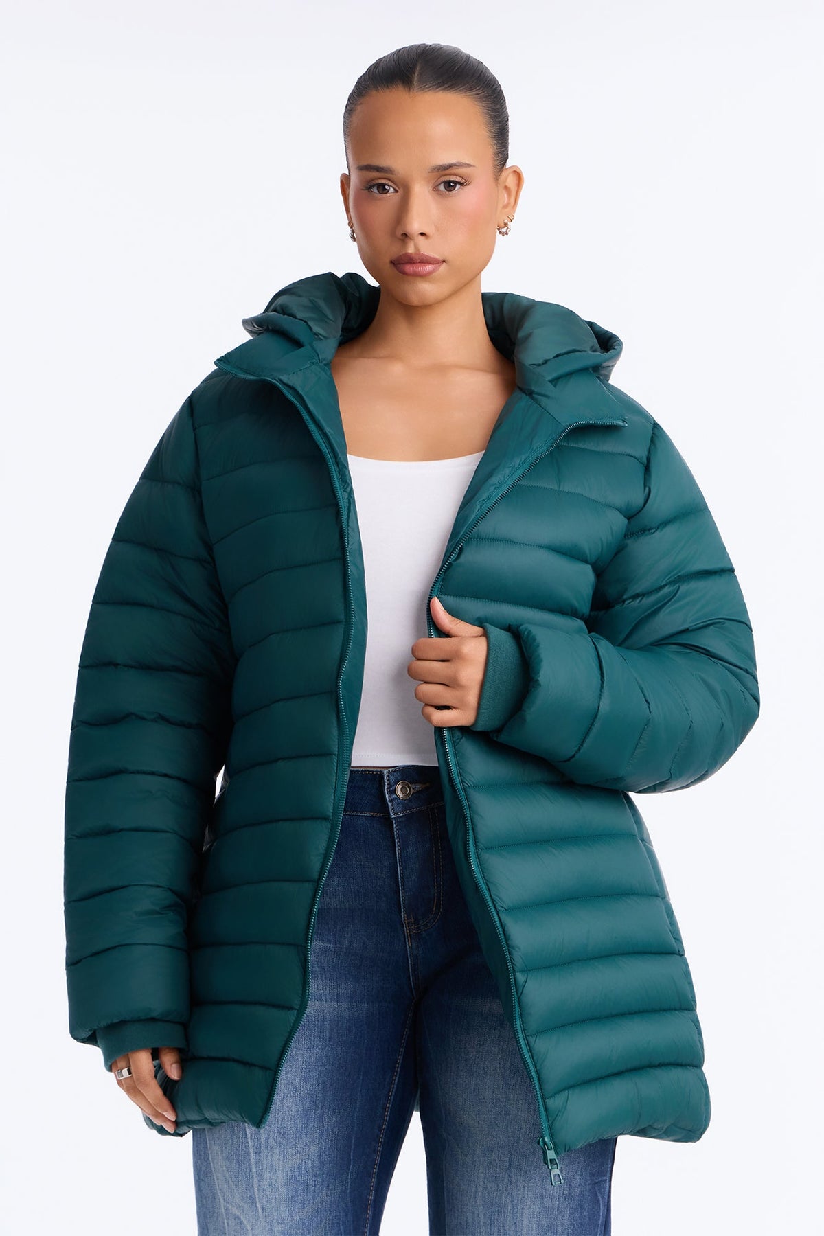 On The Move Hooded Fitted Puffer Coat - Hunter Green