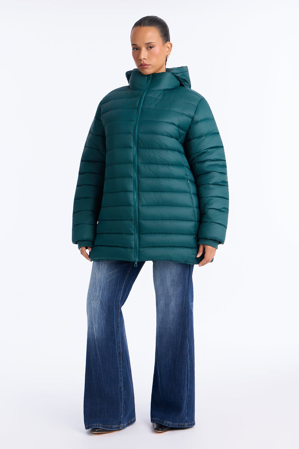 On The Move Hooded Fitted Puffer Coat - Hunter Green