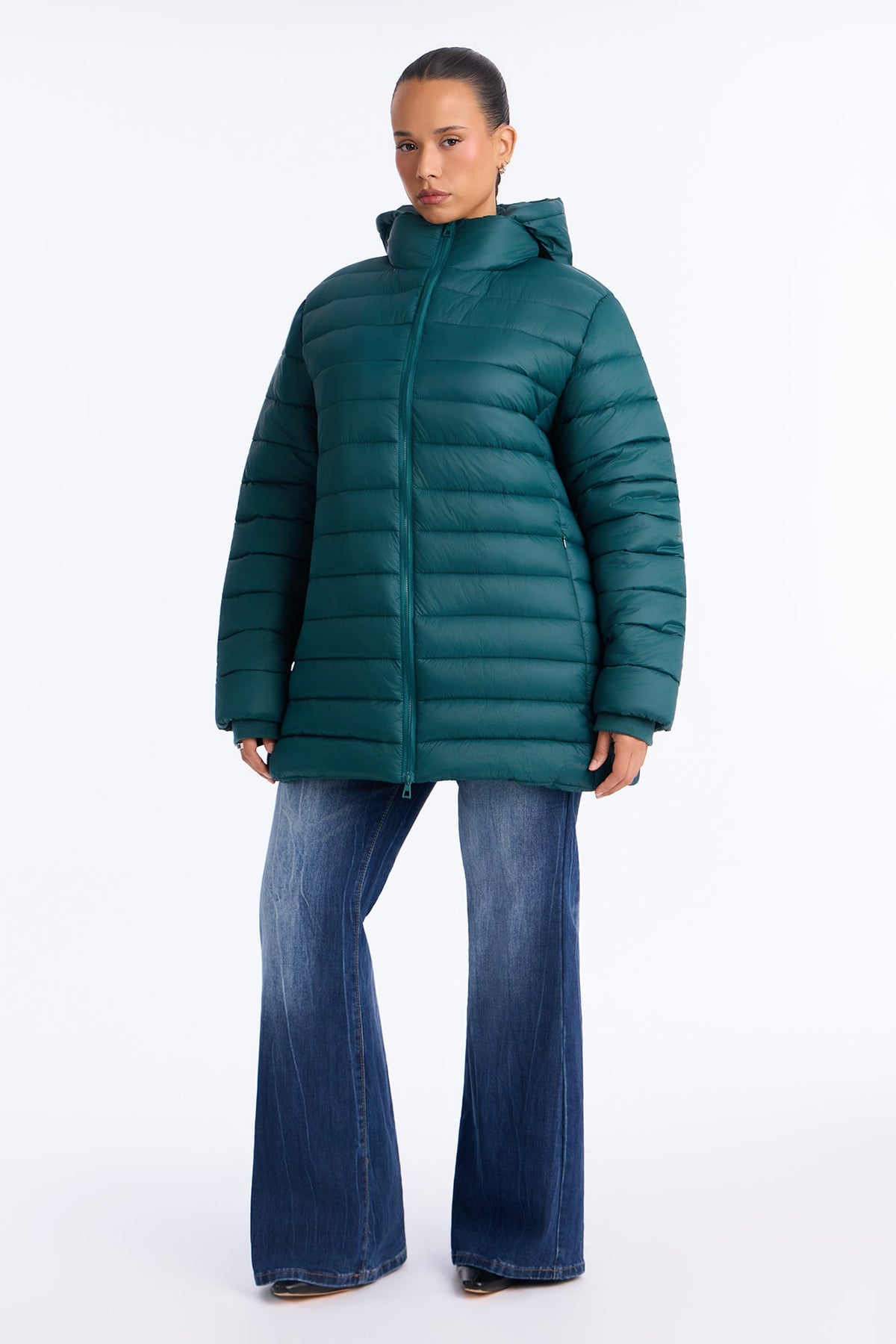 On The Move Hooded Fitted Puffer Coat - Hunter Green