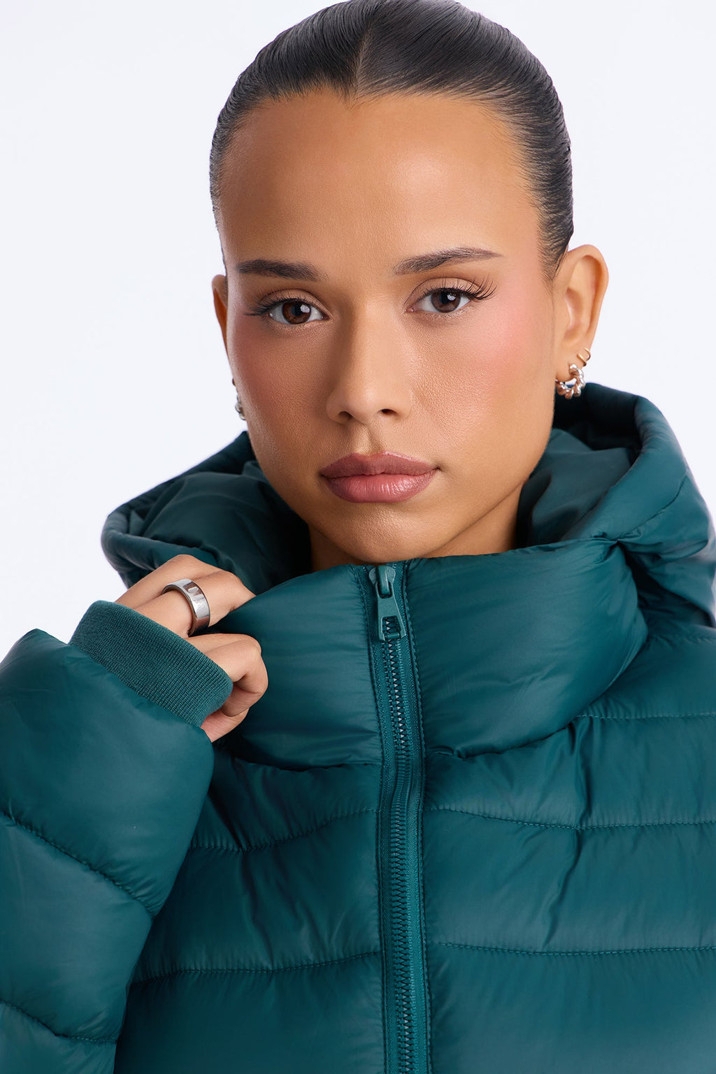 On The Move Hooded Fitted Puffer Coat - Hunter Green