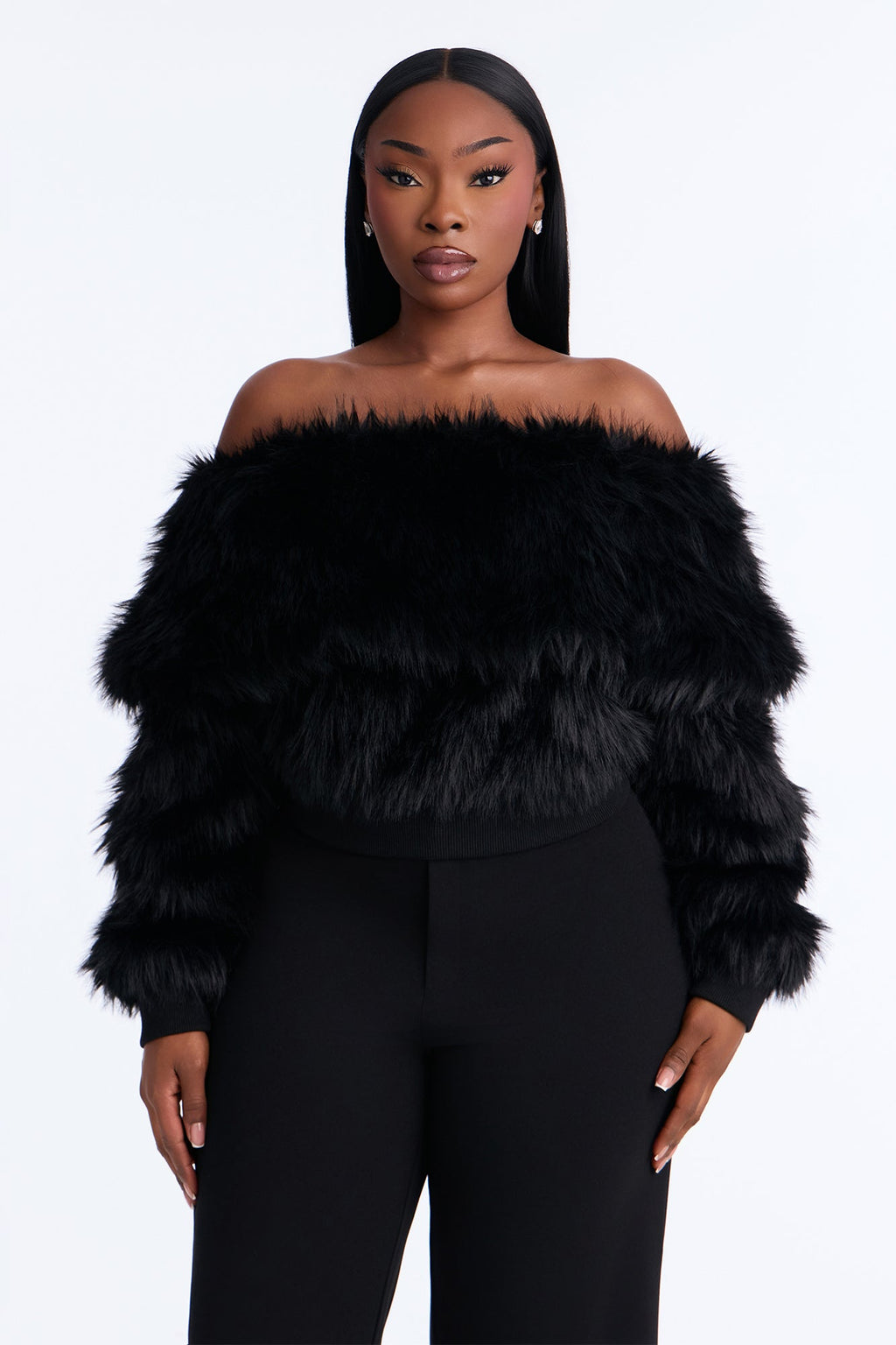 High Class Energy Faux Fur Off Shoulder Sweater - Black