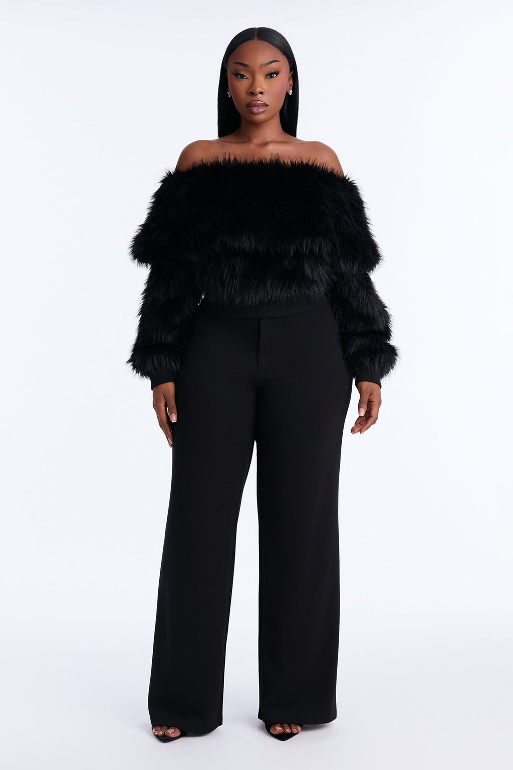 High Class Energy Faux Fur Off Shoulder Sweater - Black