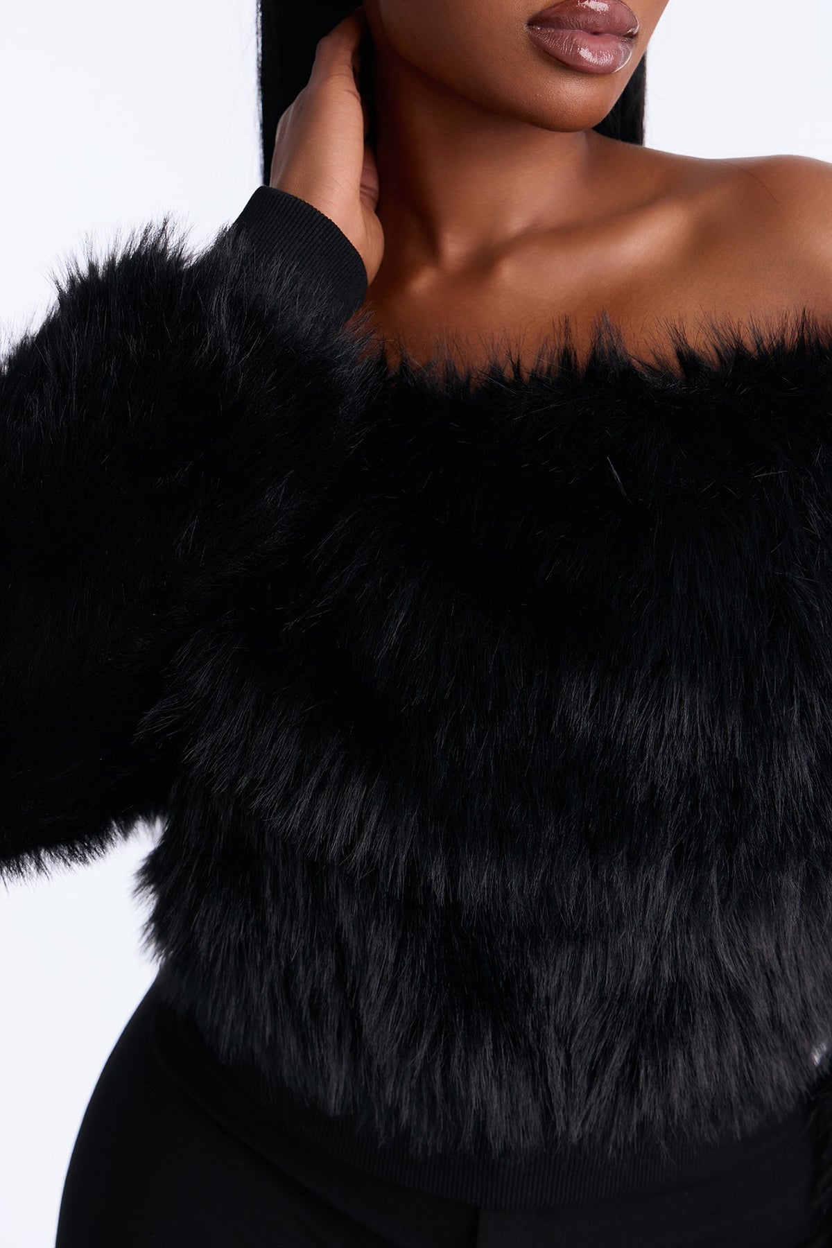 High Class Energy Faux Fur Off Shoulder Sweater - Black