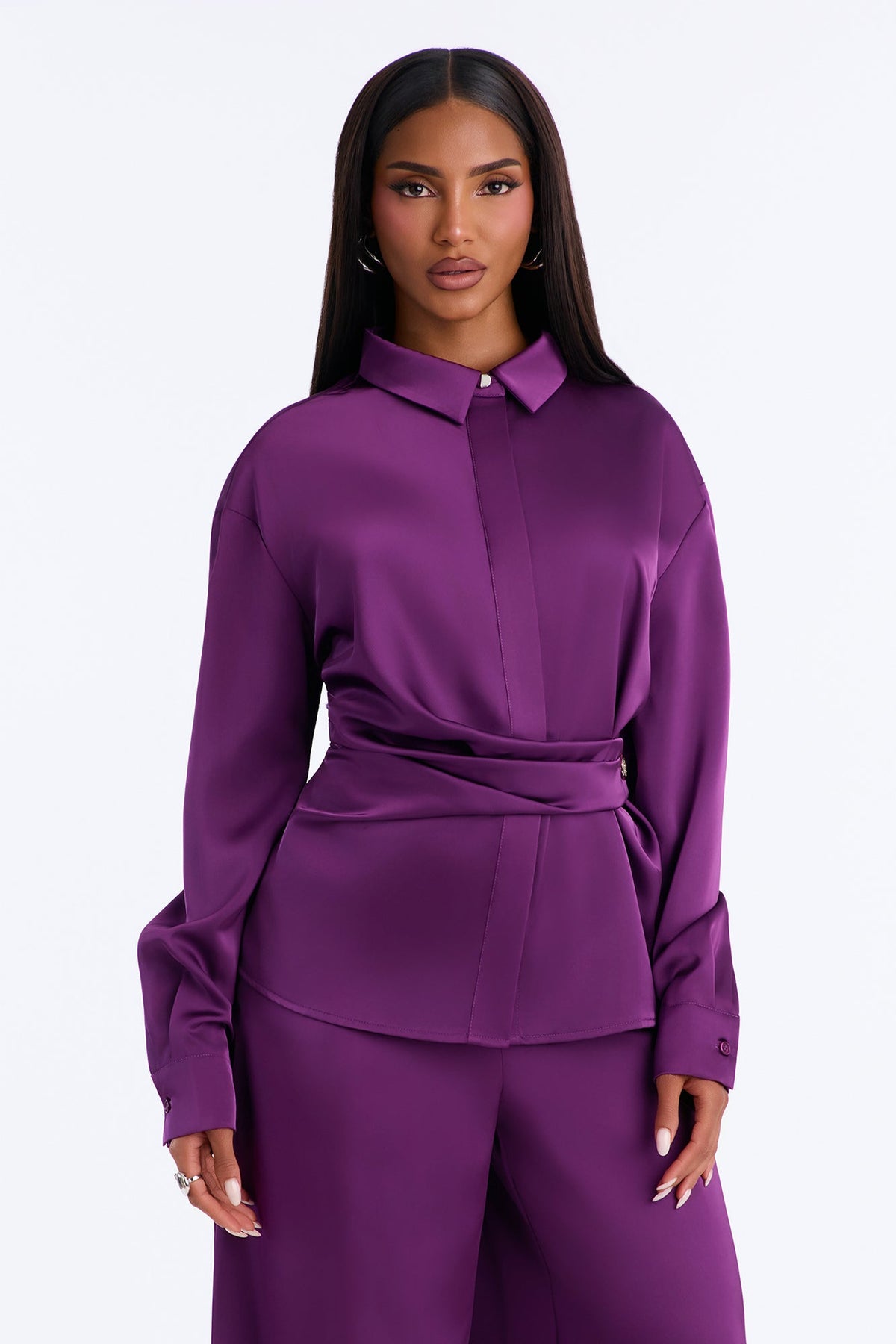 Reya Draped Satin Pant Set - Plum