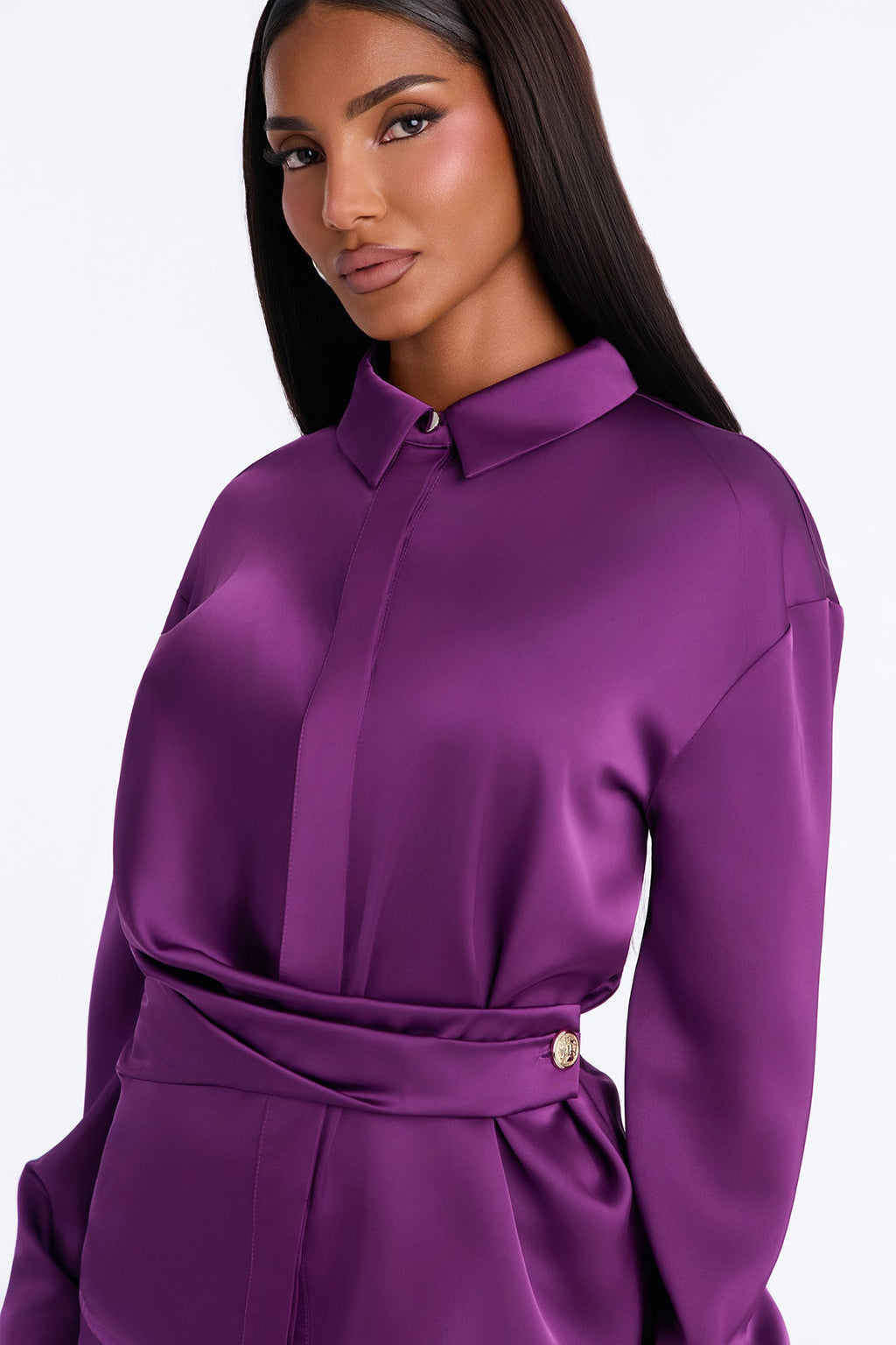 Reya Draped Satin Pant Set - Plum
