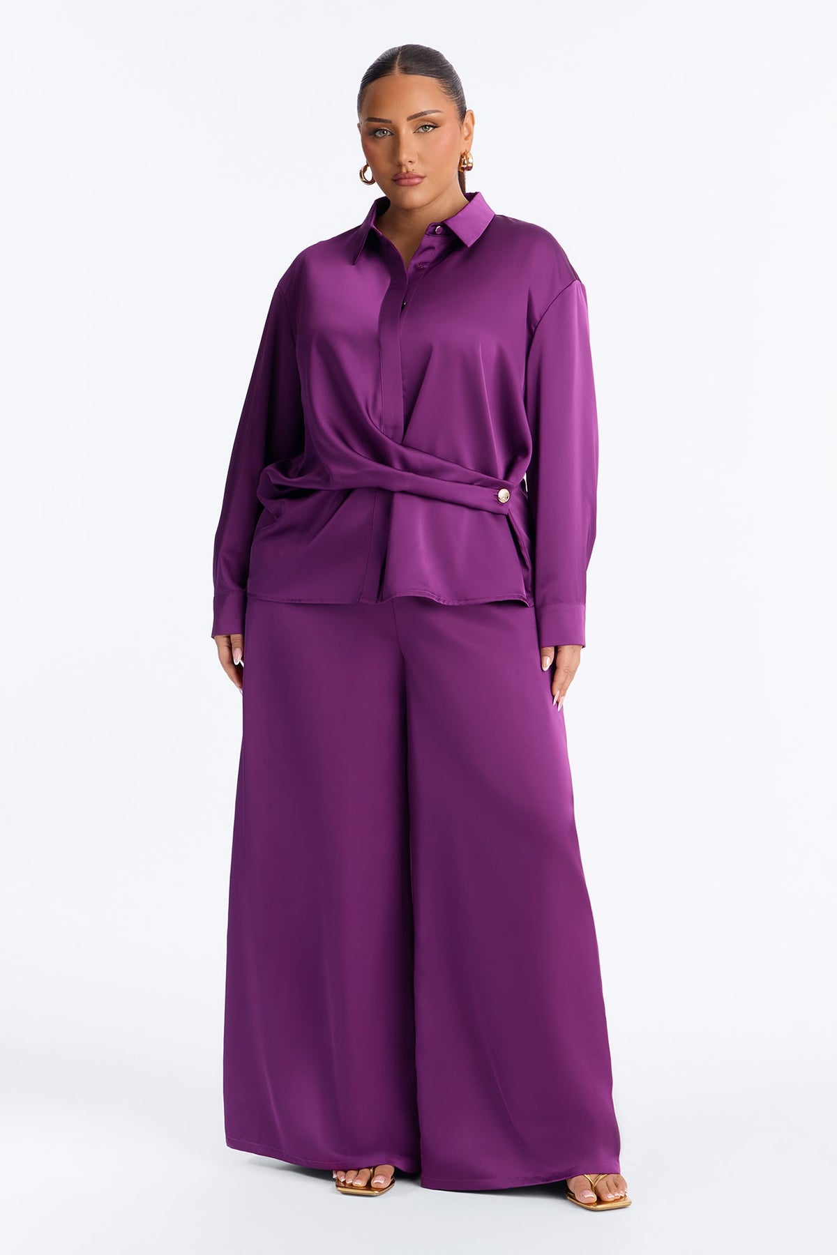 Reya Draped Satin Pant Set - Plum