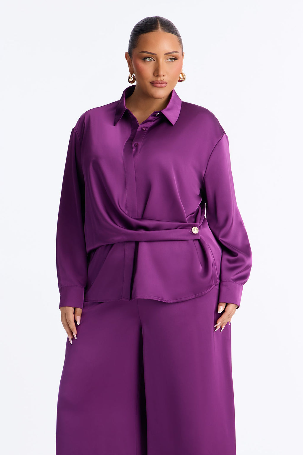Reya Draped Satin Pant Set - Plum