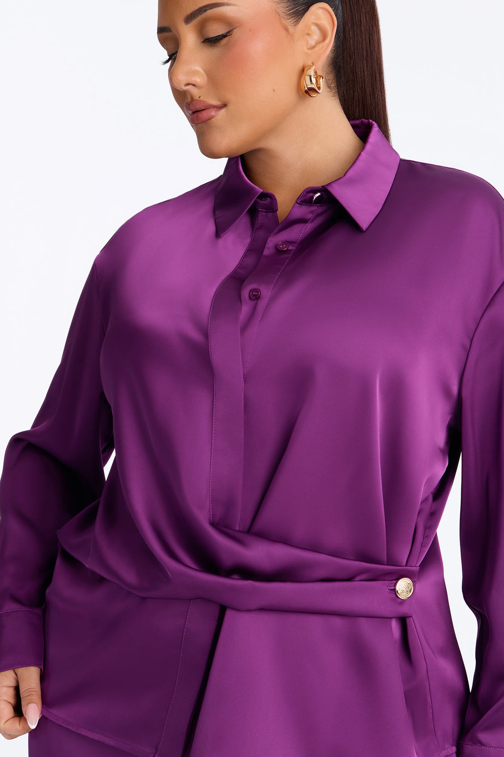 Reya Draped Satin Pant Set - Plum