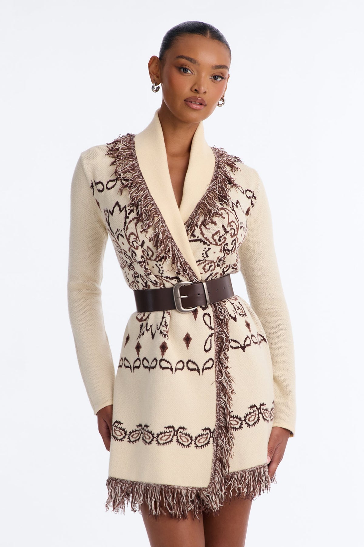 Aspen Jacquard Fringe Sweater Mini Dress - Cream/combo