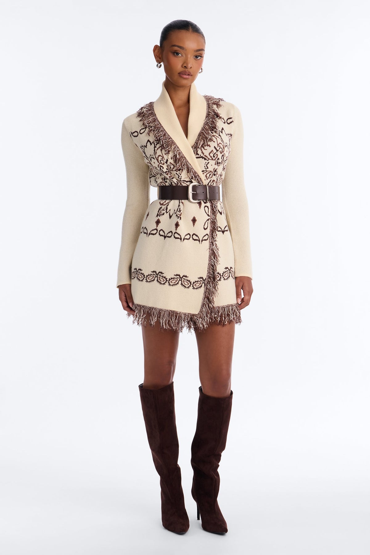Aspen Jacquard Fringe Sweater Mini Dress - Cream/combo