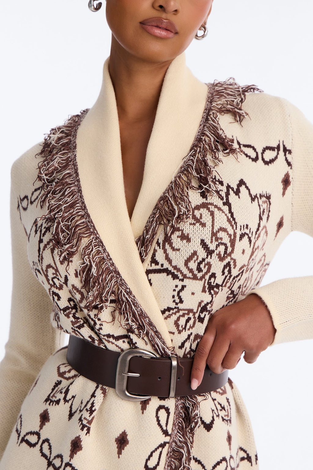 Aspen Jacquard Fringe Sweater Mini Dress - Cream/combo