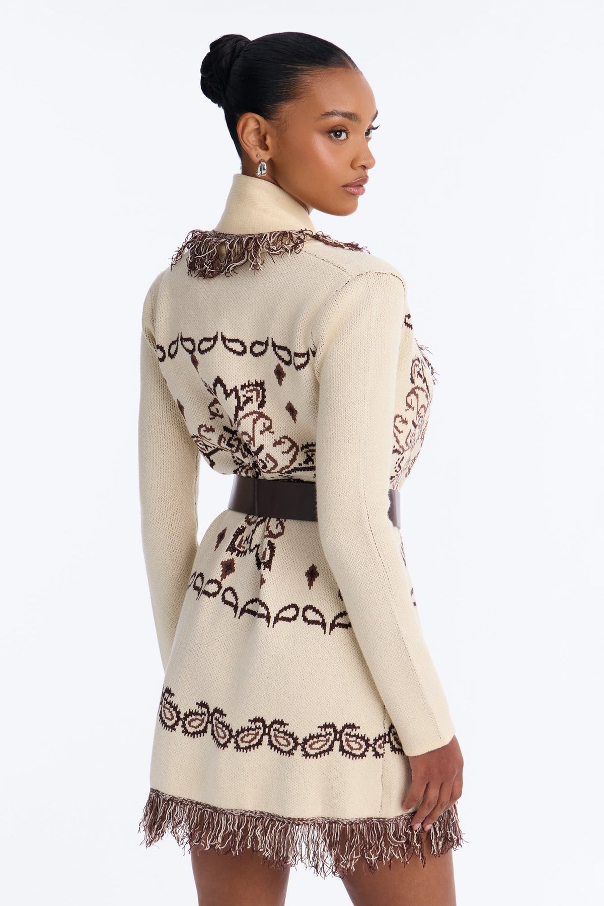 Aspen Jacquard Fringe Sweater Mini Dress - Cream/combo
