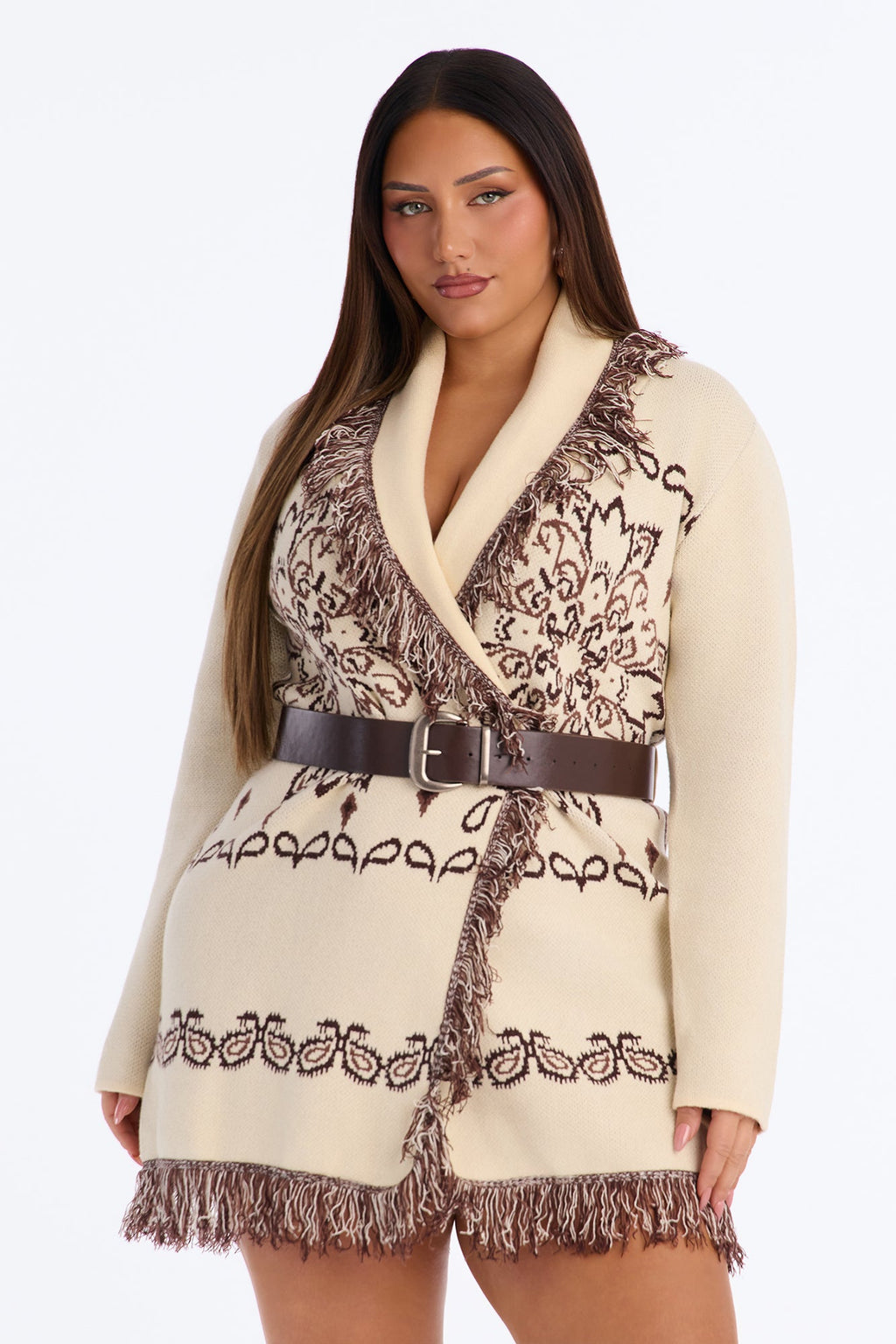Aspen Jacquard Fringe Sweater Mini Dress - Cream/combo