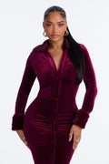 Expensive Lifestyle Fur Trim Velvet Midi Dress - Wine