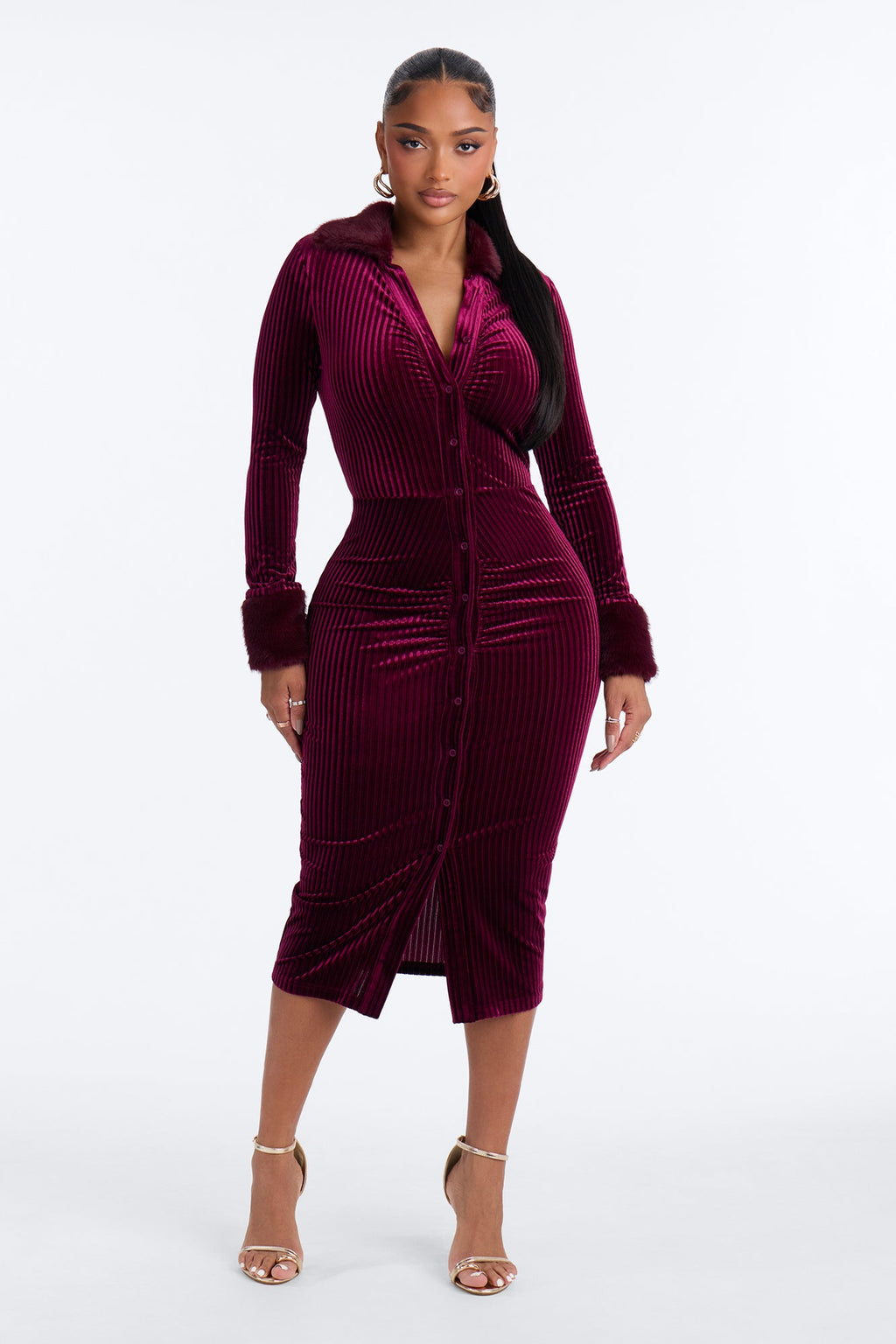 Expensive Lifestyle Fur Trim Velvet Midi Dress - Wine