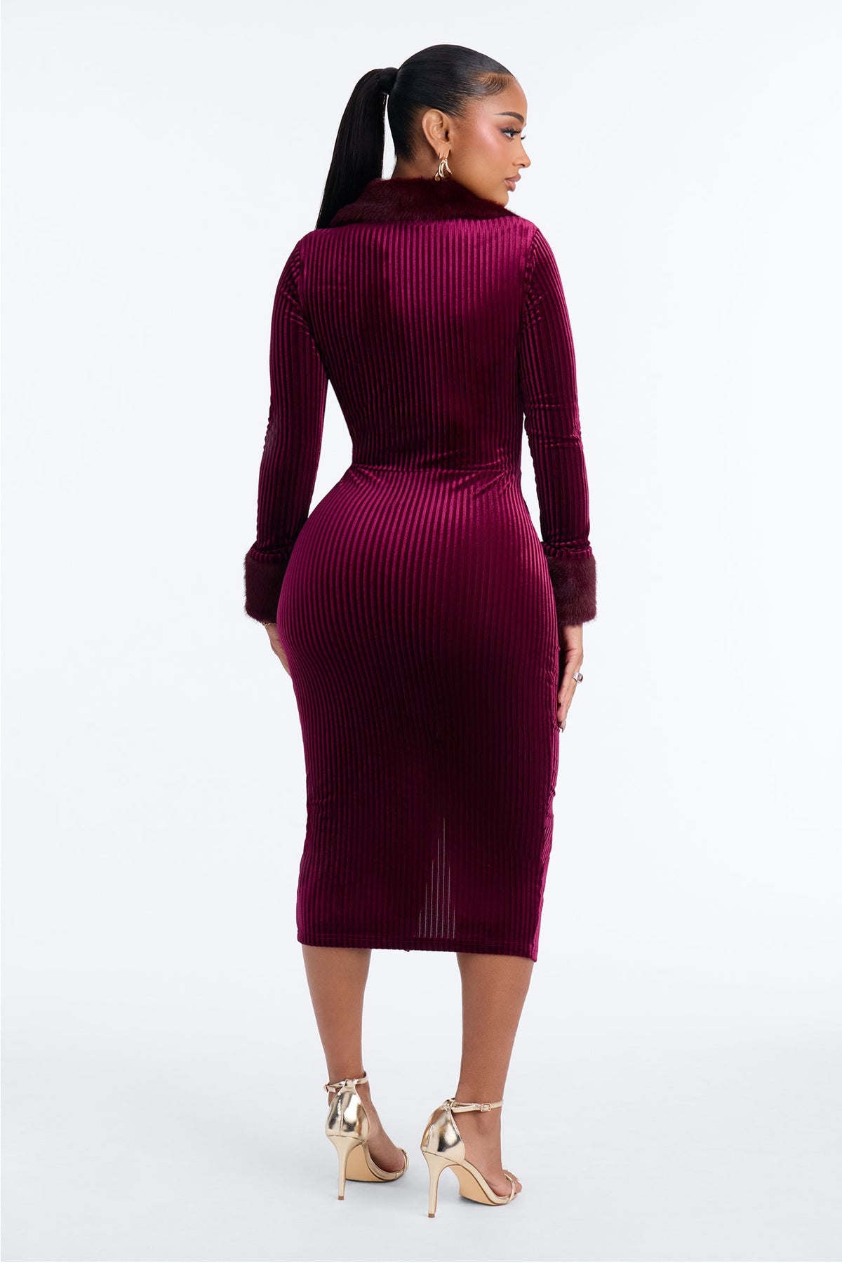 Expensive Lifestyle Fur Trim Velvet Midi Dress - Wine