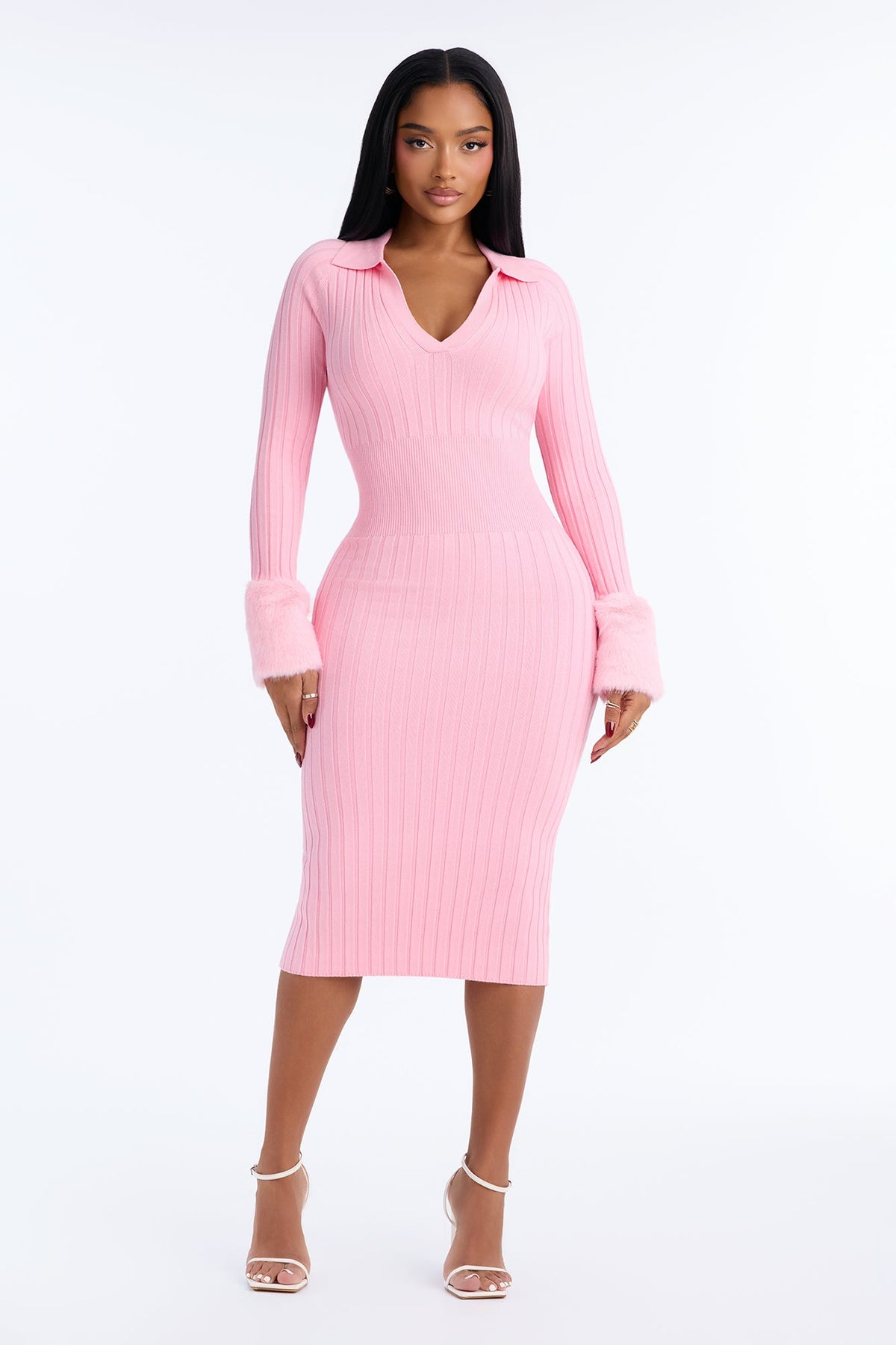 Kaitlyn Fur Trim Long Sleeve Sweater Dress - Pink
