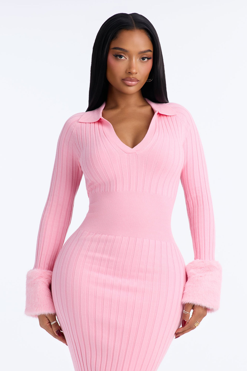 Kaitlyn Fur Trim Long Sleeve Sweater Dress - Pink