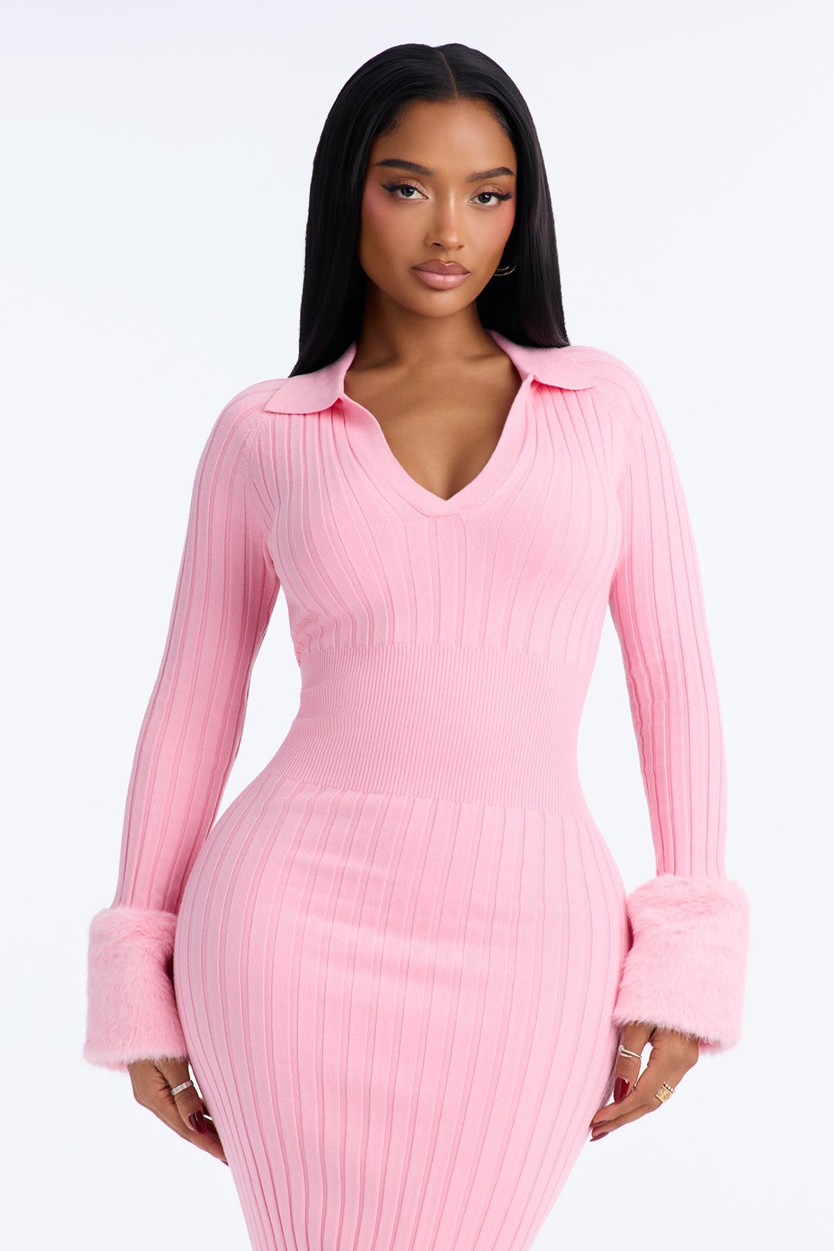 Kaitlyn Fur Trim Long Sleeve Sweater Dress - Pink