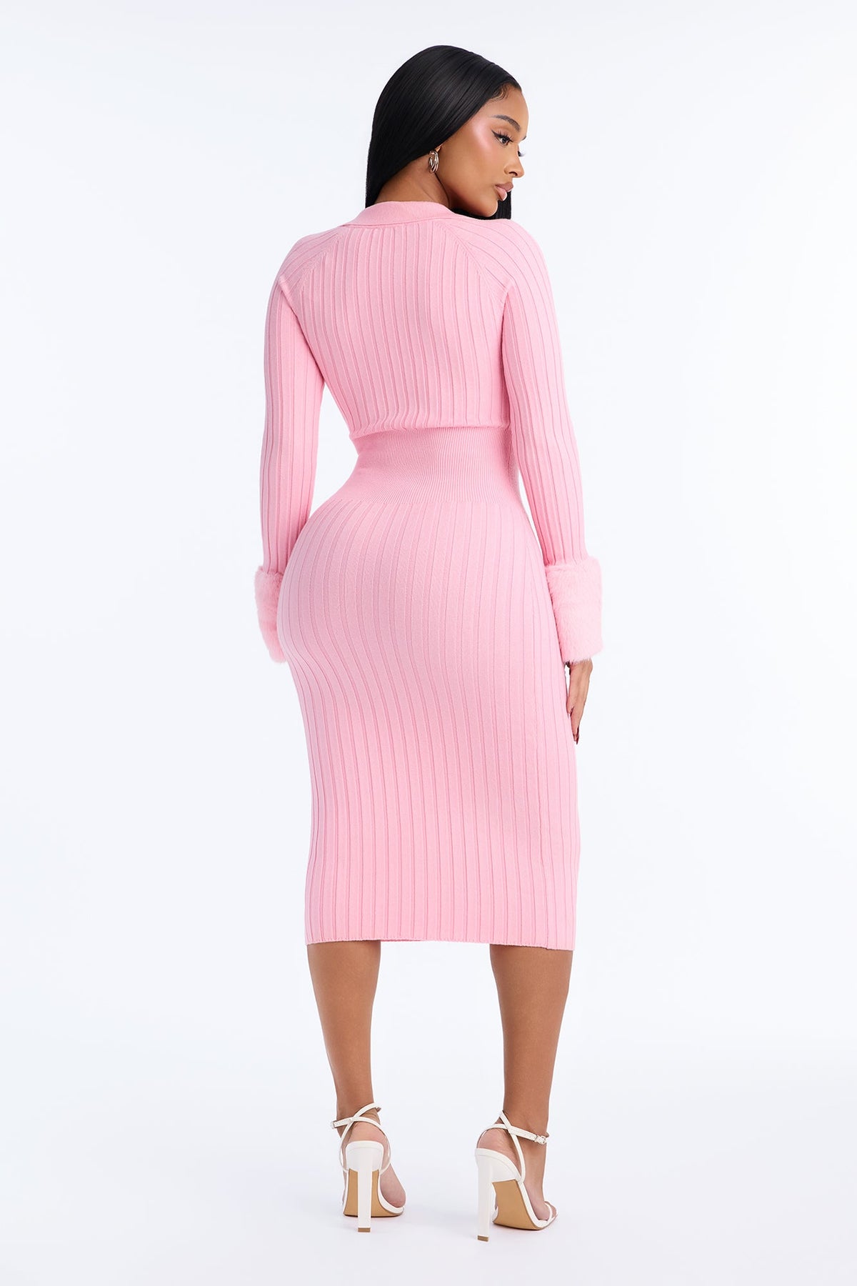 Kaitlyn Fur Trim Long Sleeve Sweater Dress - Pink