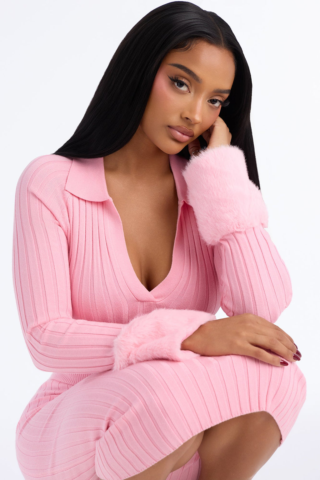 Kaitlyn Fur Trim Long Sleeve Sweater Dress - Pink
