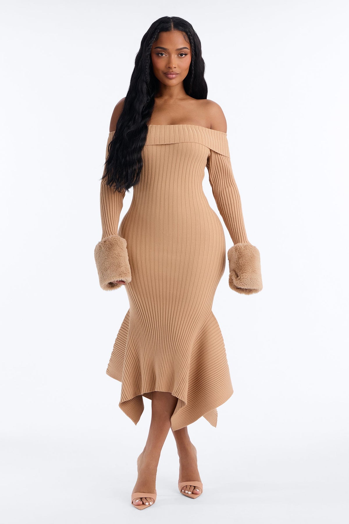 Rare Catch Off Shoulder Fur Sweater Midi Dress - Mocha