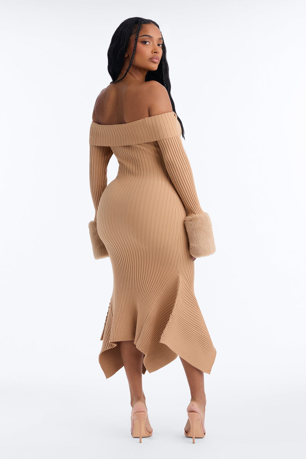 Rare Catch Off Shoulder Fur Sweater Midi Dress - Mocha