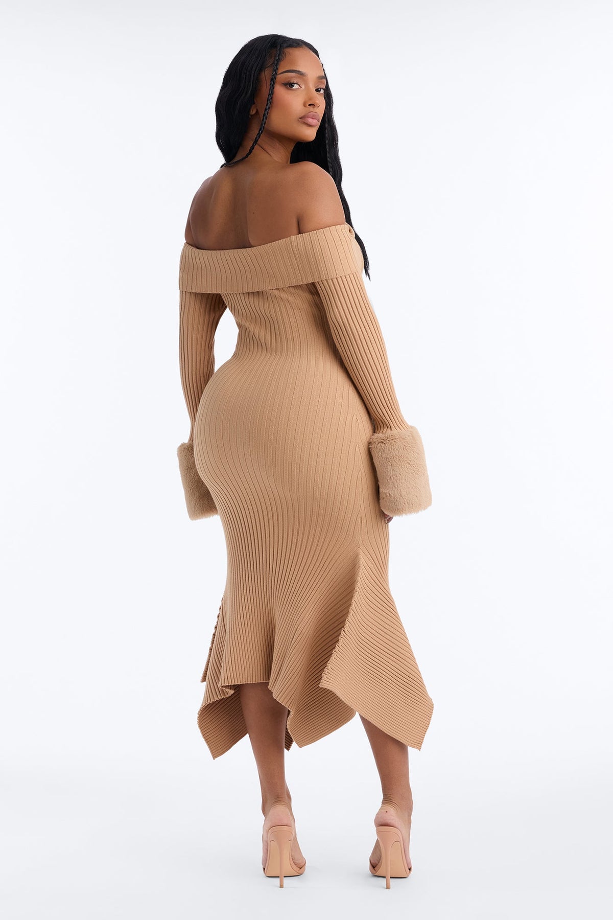 Rare Catch Off Shoulder Fur Sweater Midi Dress - Mocha