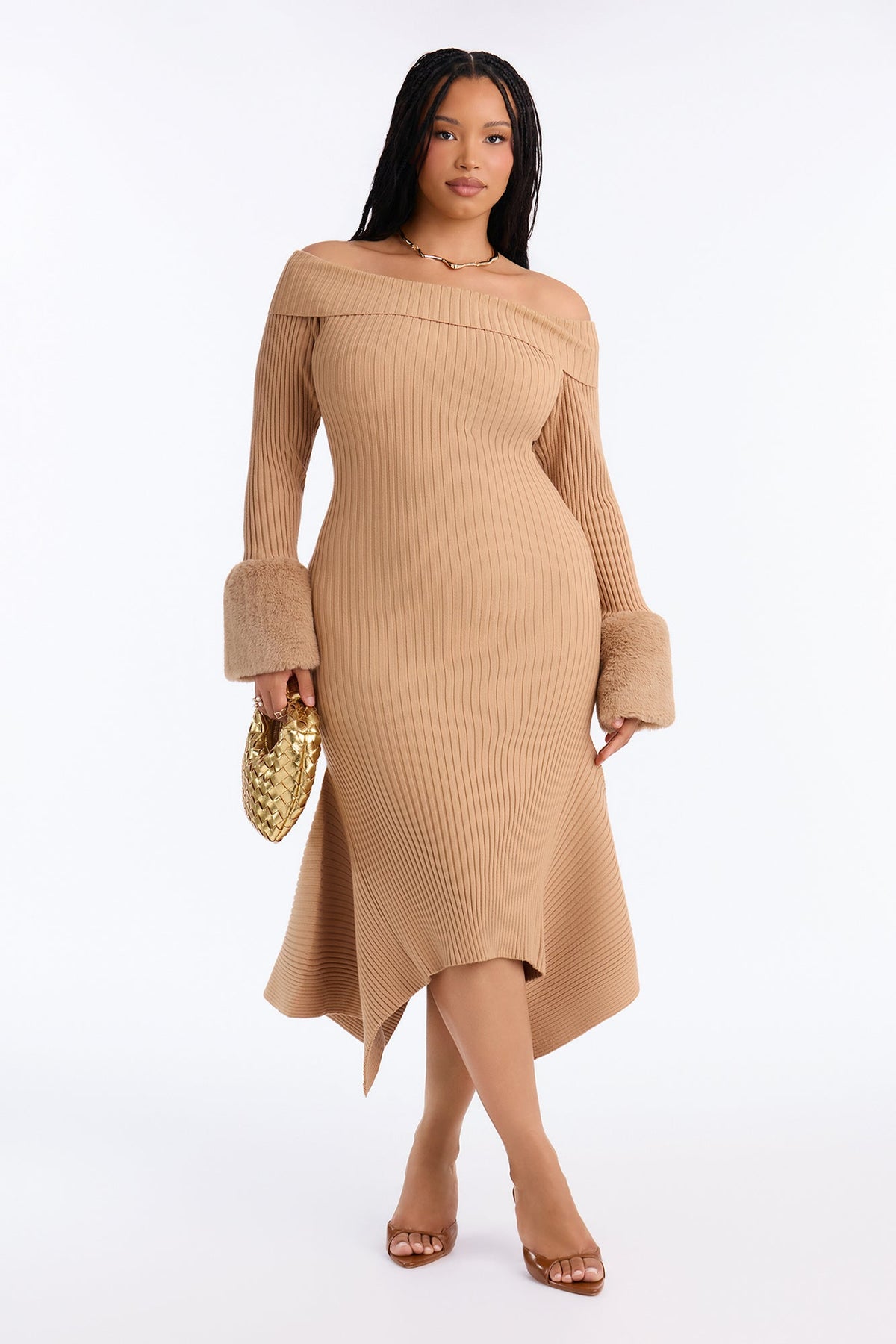 Rare Catch Off Shoulder Fur Sweater Midi Dress - Mocha