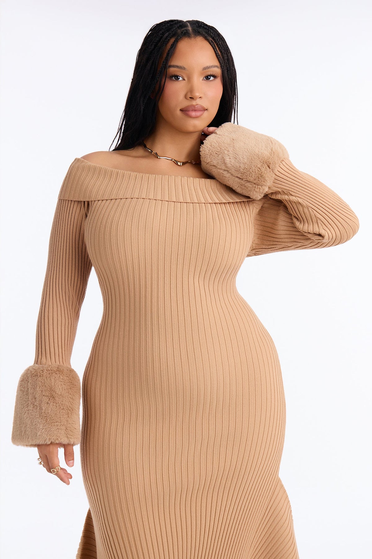 Rare Catch Off Shoulder Fur Sweater Midi Dress - Mocha