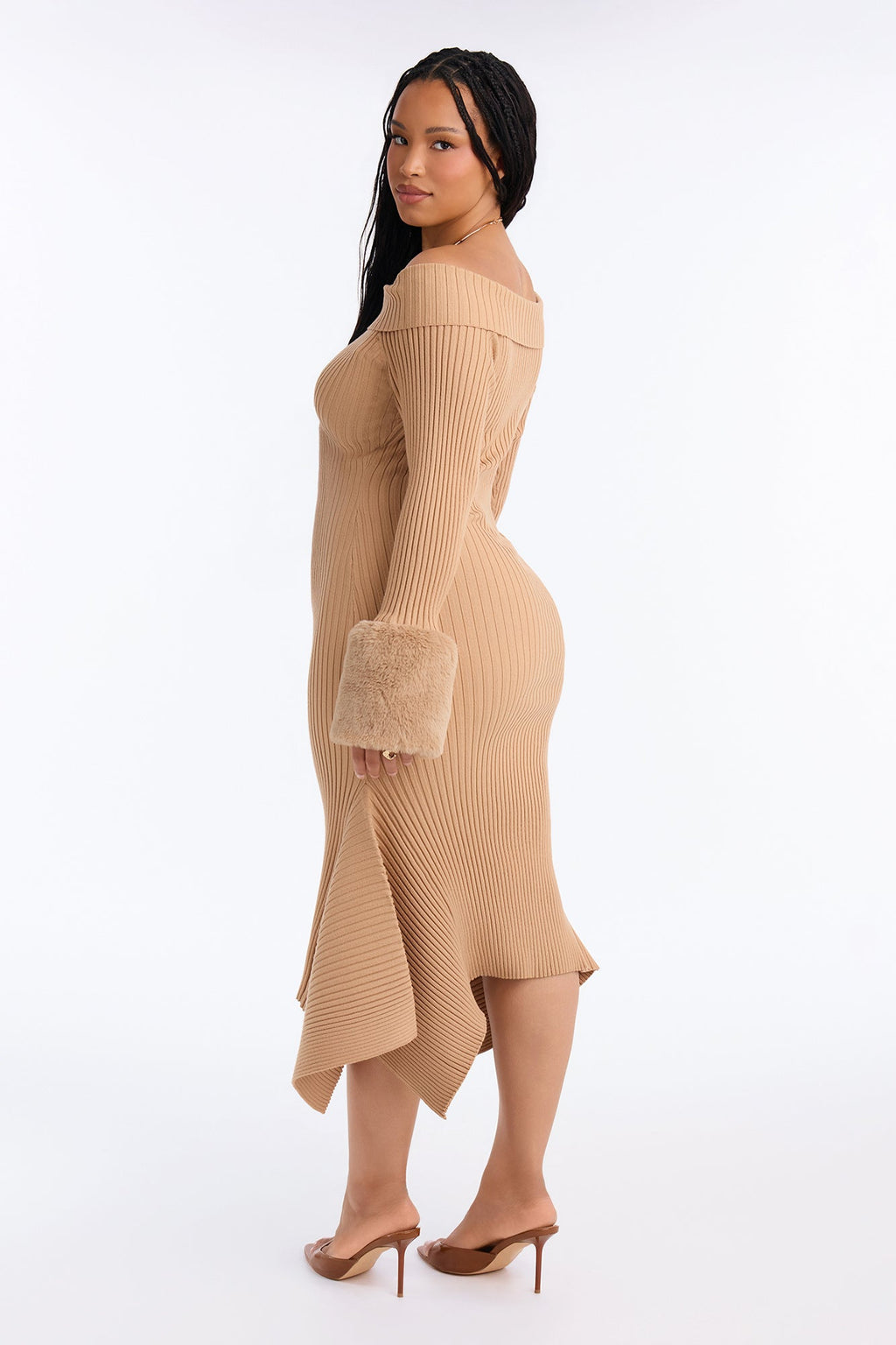 Rare Catch Off Shoulder Fur Sweater Midi Dress - Mocha