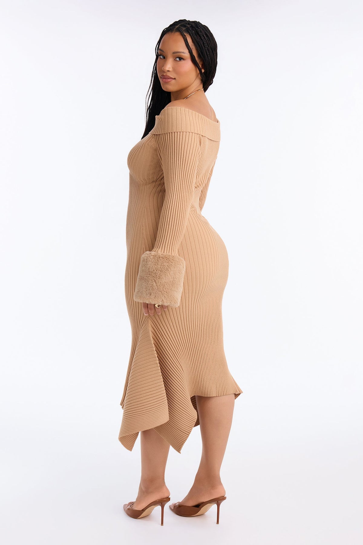Rare Catch Off Shoulder Fur Sweater Midi Dress - Mocha