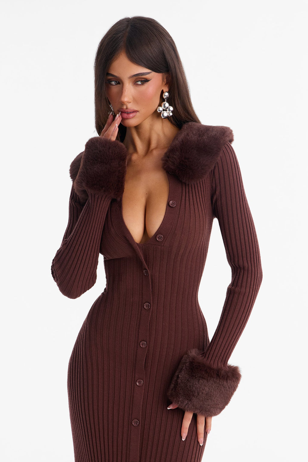 Rare Catch Fur Collar Button Up Sweater Midi Dress - Chocolate