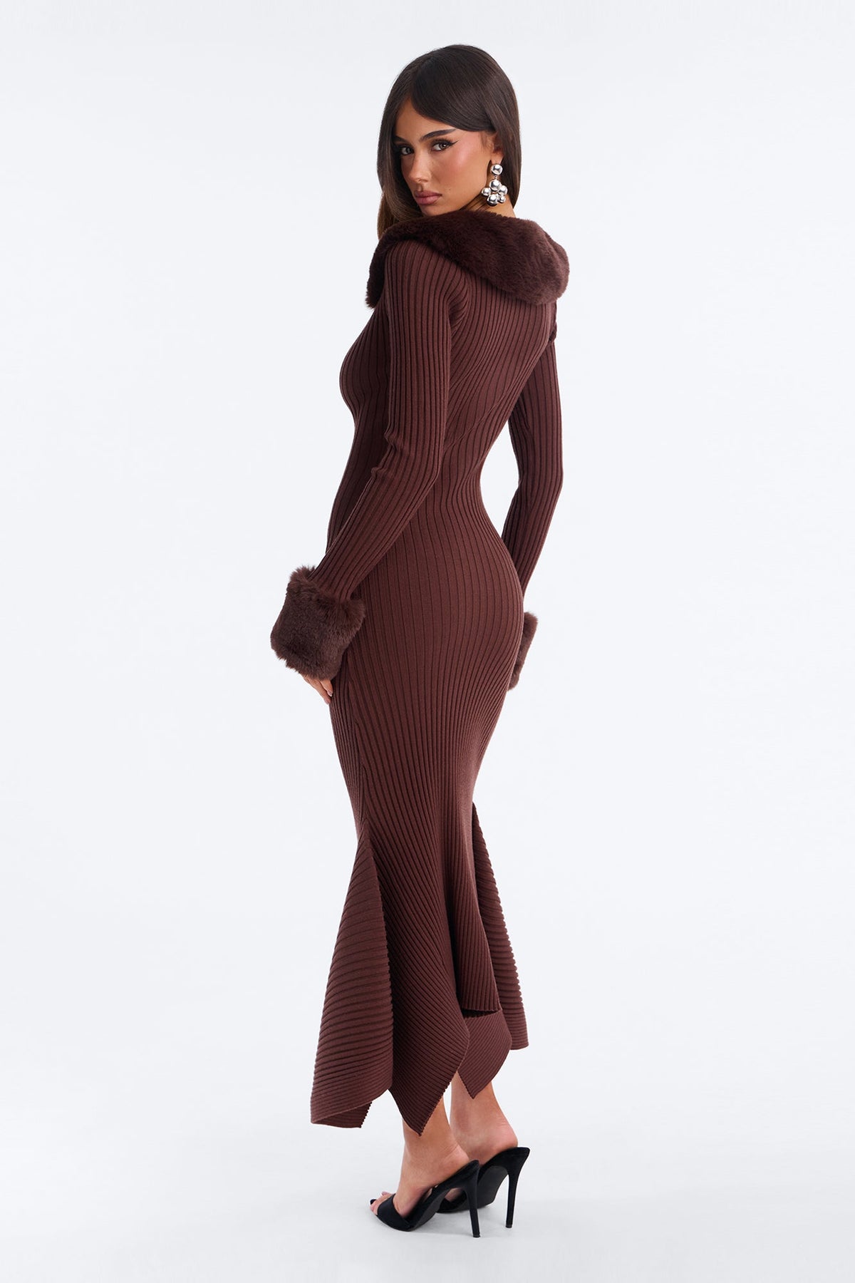 Rare Catch Fur Collar Button Up Sweater Midi Dress - Chocolate