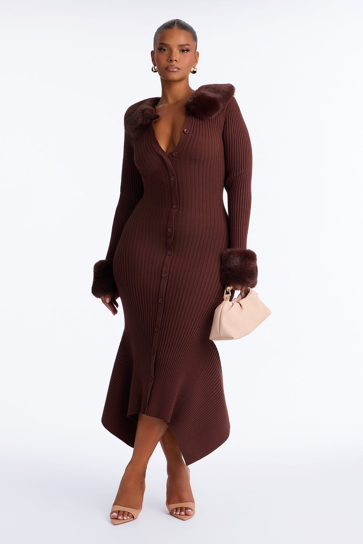Rare Catch Fur Collar Button Up Sweater Midi Dress - Chocolate