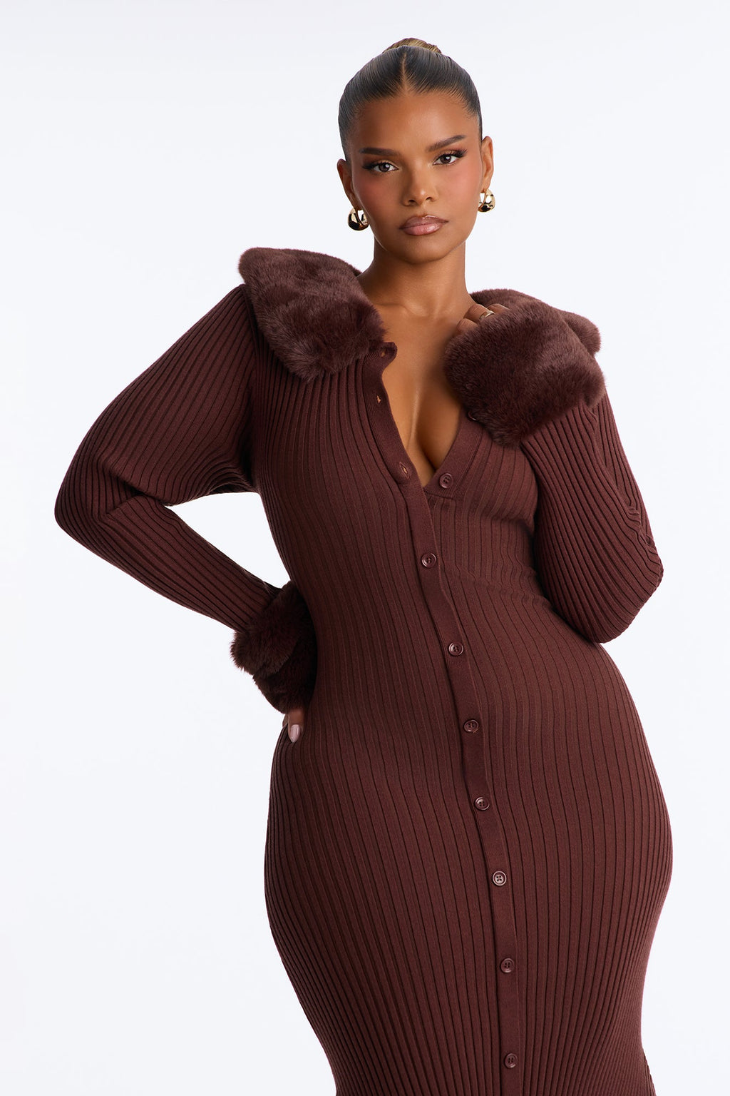 Rare Catch Fur Collar Button Up Sweater Midi Dress - Chocolate