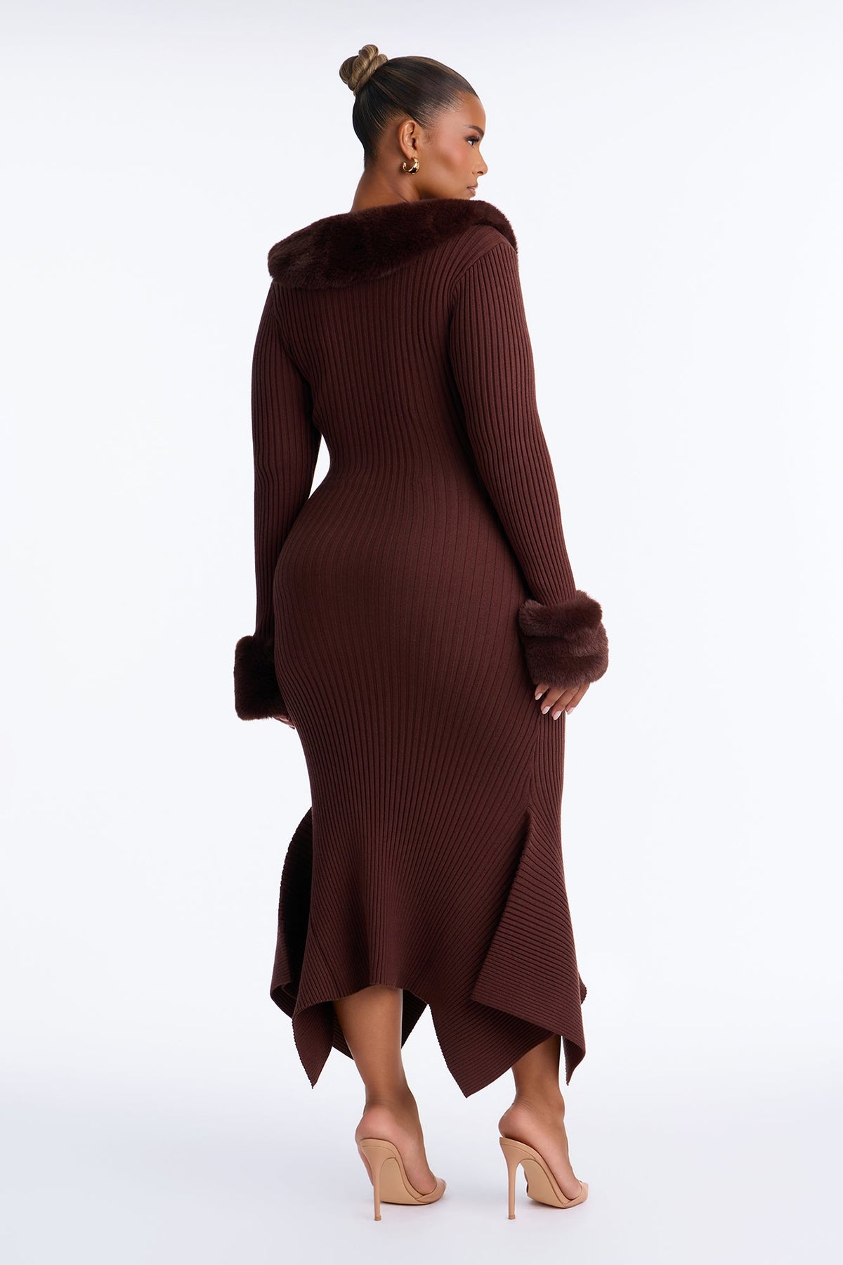 Rare Catch Fur Collar Button Up Sweater Midi Dress - Chocolate