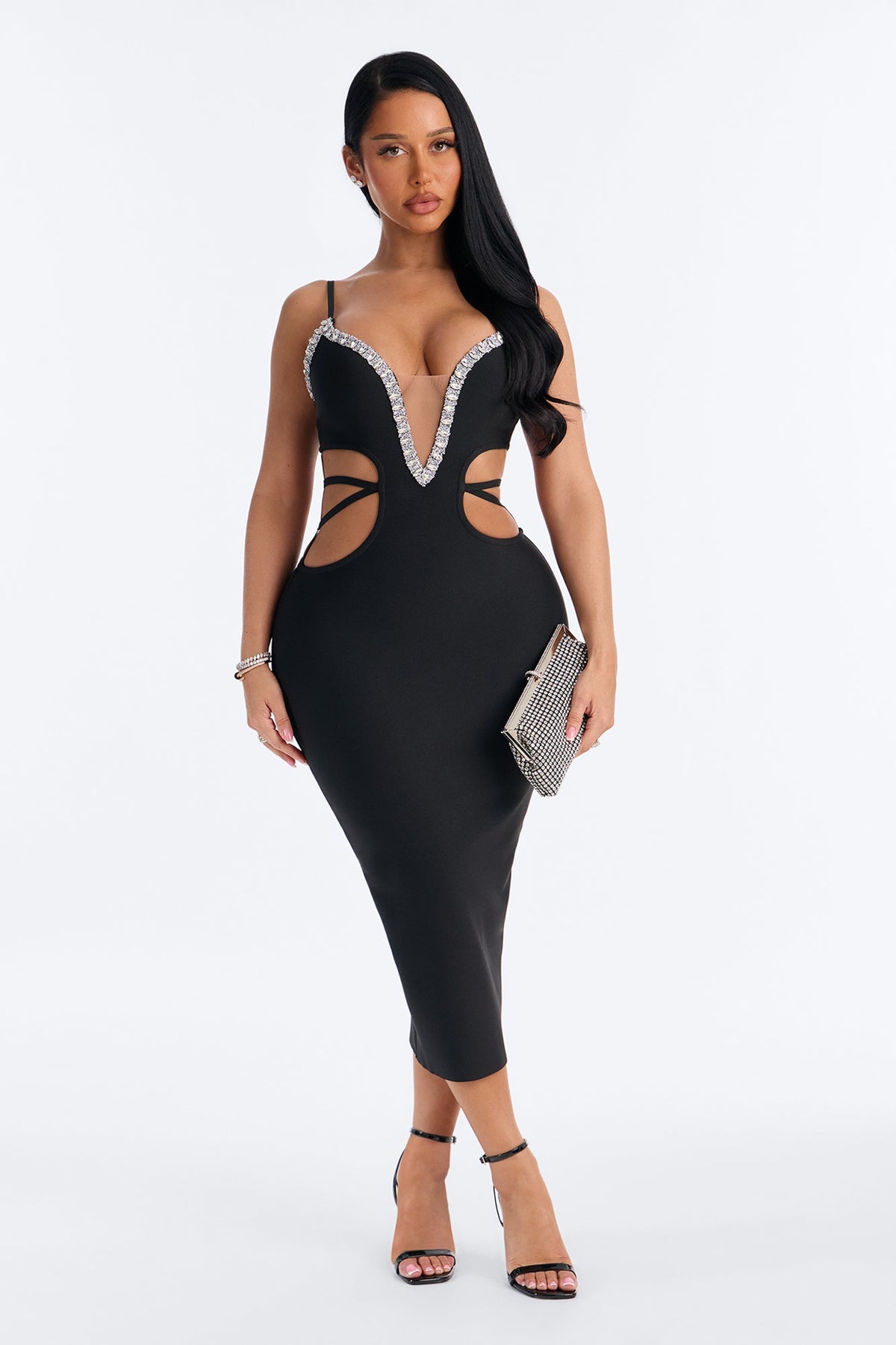 Diamond Girl Cutout Rhinestone Bandage Midi Dress - Black