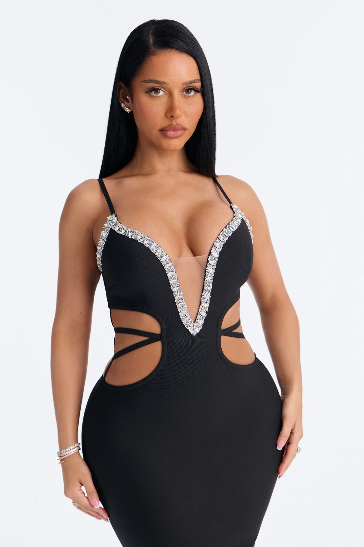 Diamond Girl Cutout Rhinestone Bandage Midi Dress - Black